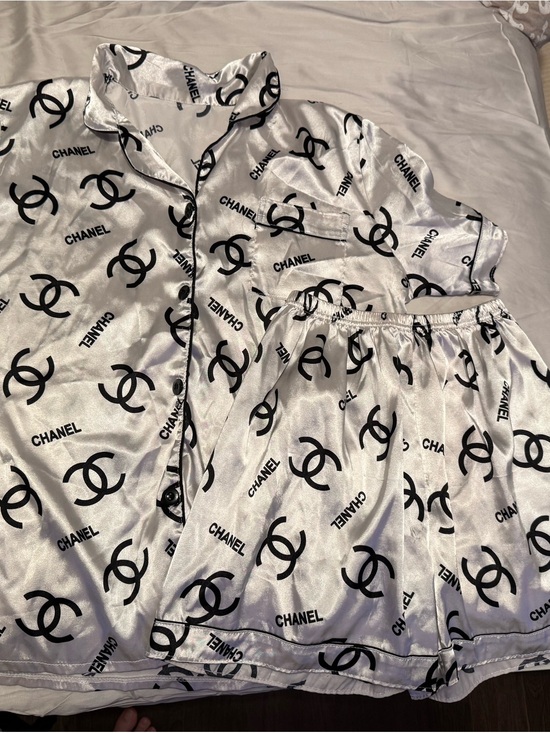 CHANEL Other - CHANEL Black Logo on White Satin Sleep Set